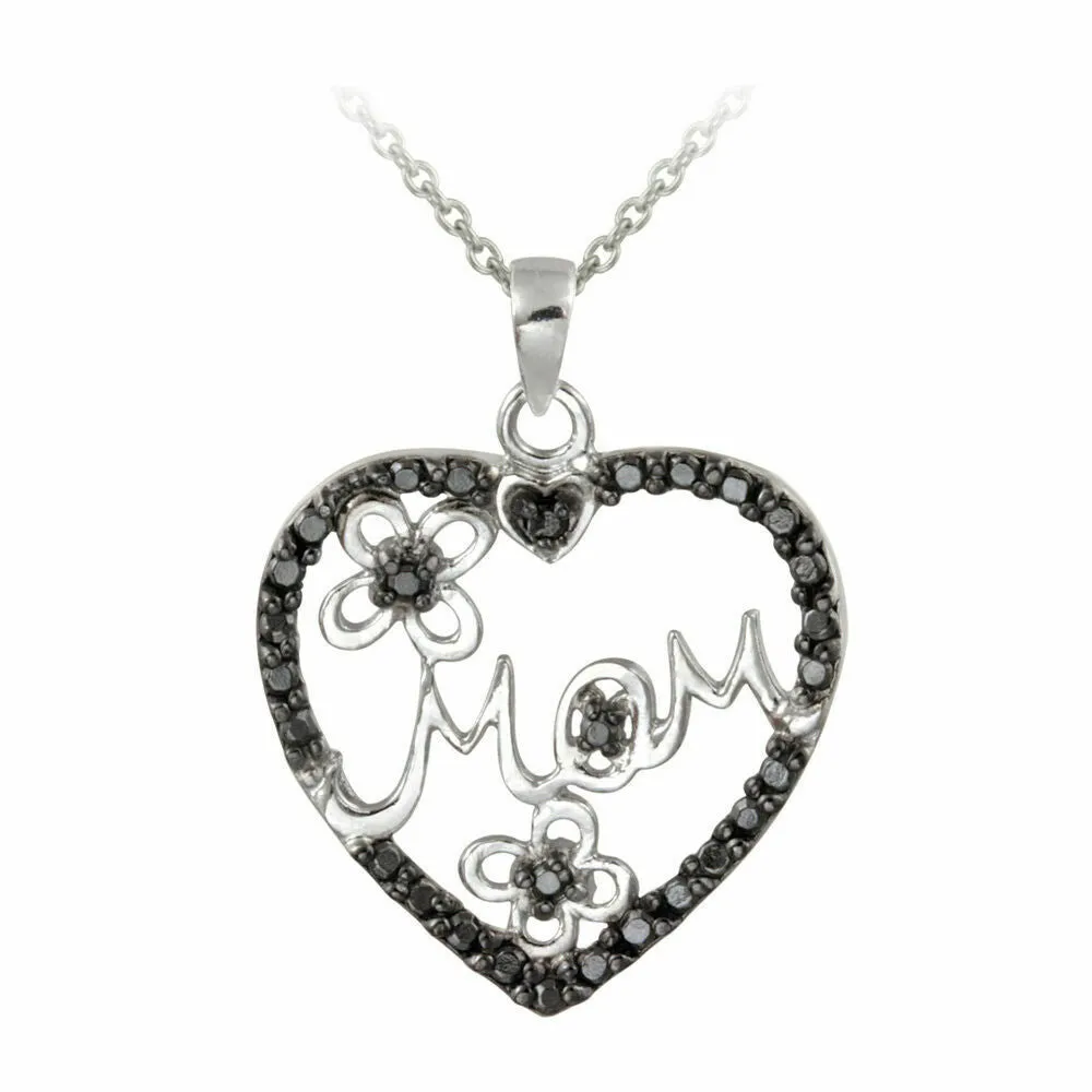 0.50 CT Irradiated Black Diamond Accent Mom Heart Necklace in Sterling Silver