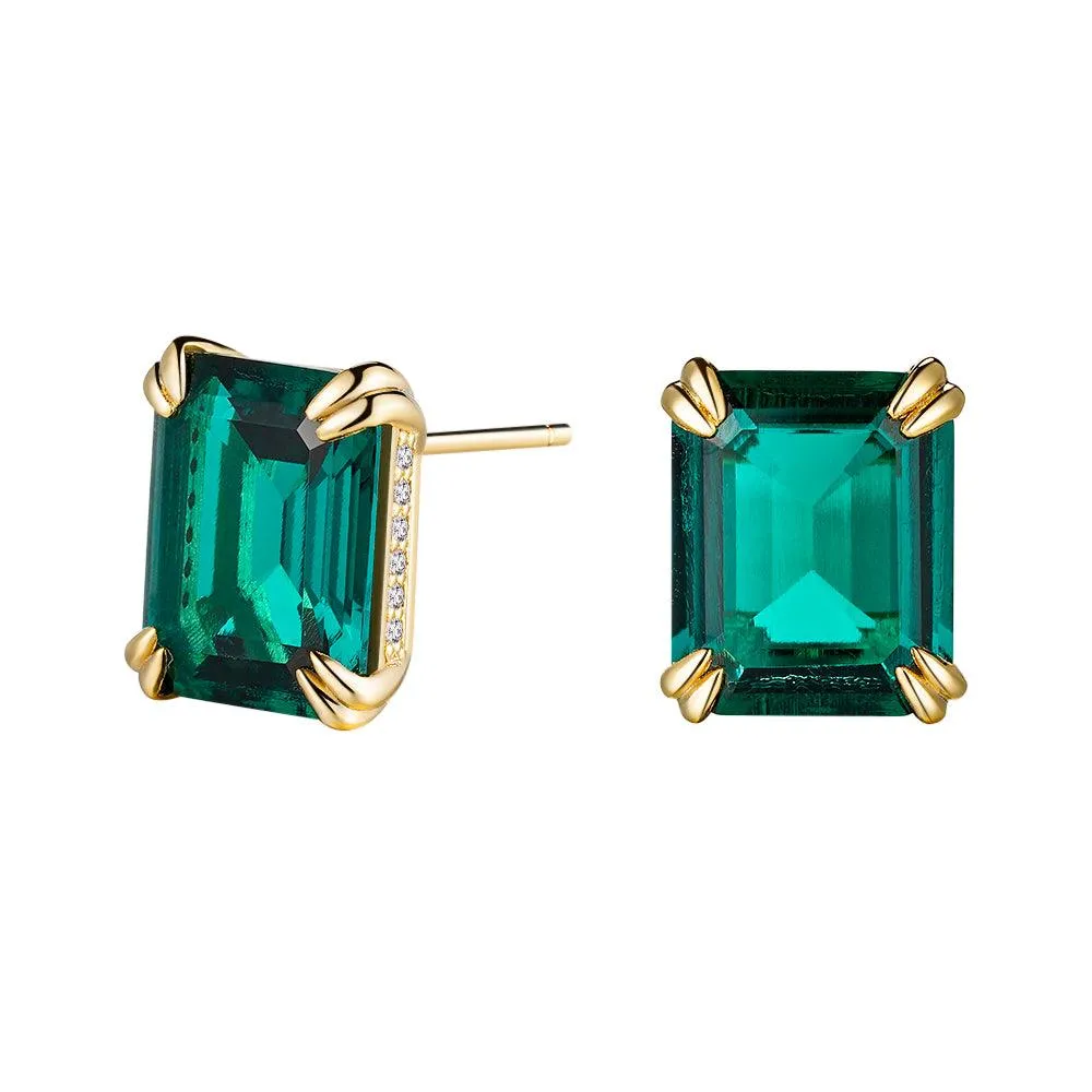 10 Ctw Double Prong Set Emerald-Cut Emerald Stud Earrings