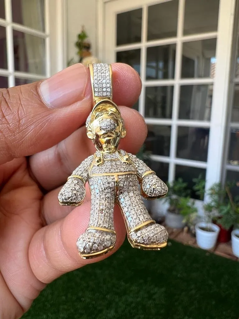 10K Gold .92 CT Diamond Charm Pendant, Hip Hop Jewelry Cool Mens Pendant, diamond pendant cartoon, Hip Hop Diamond Pendant Gift for Him