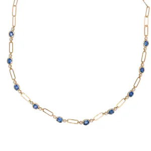 14K Bezel Sapphire & Diamond paperclip Necklace