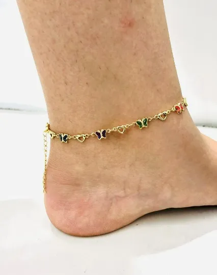 14K Gold Filled Butterfly Anklet Bracelet 10" Body Jewelry for Foot Womens Anklet Bracelet Tiny Anklet / Pulsera para el Pie en Oro Laminado