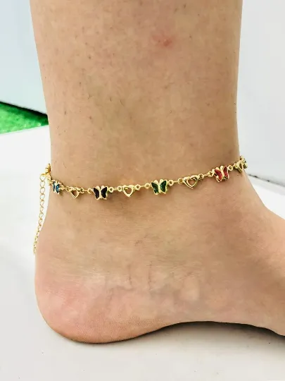14K Gold Filled Butterfly Anklet Bracelet 10" Body Jewelry for Foot Womens Anklet Bracelet Tiny Anklet / Pulsera para el Pie en Oro Laminado