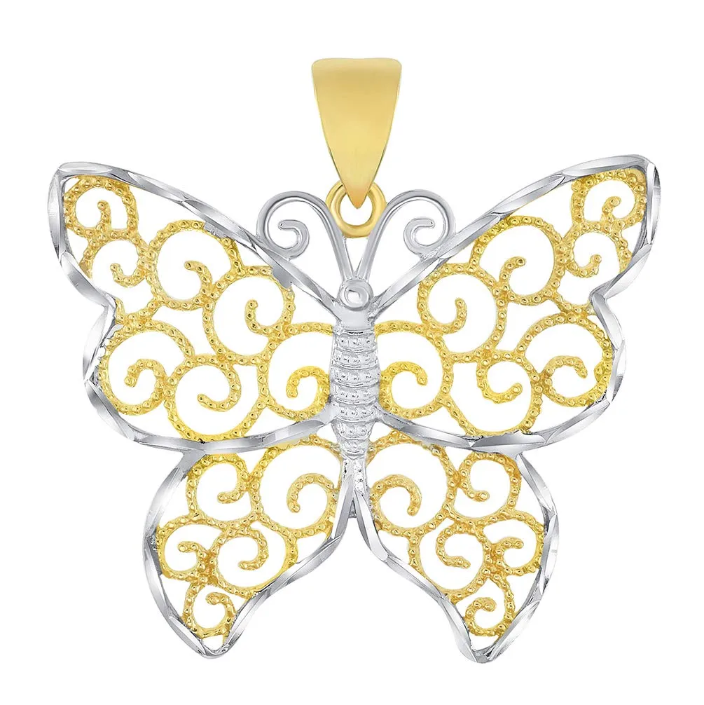 14k Gold Open Filigree Two-Tone Infinity Butterfly Pendant Figaro Chain Necklace - Yellow Gold