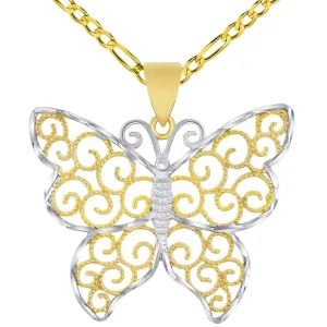 14k Gold Open Filigree Two-Tone Infinity Butterfly Pendant Figaro Chain Necklace - Yellow Gold
