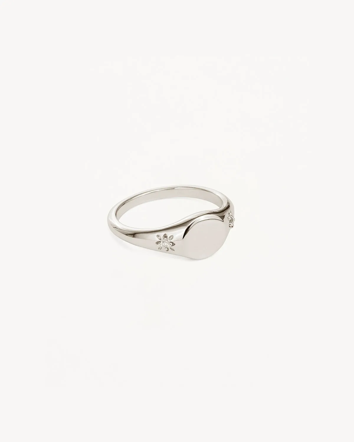 14k Solid White Gold Lotus Diamond Signet Ring