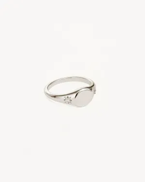 14k Solid White Gold Lotus Diamond Signet Ring