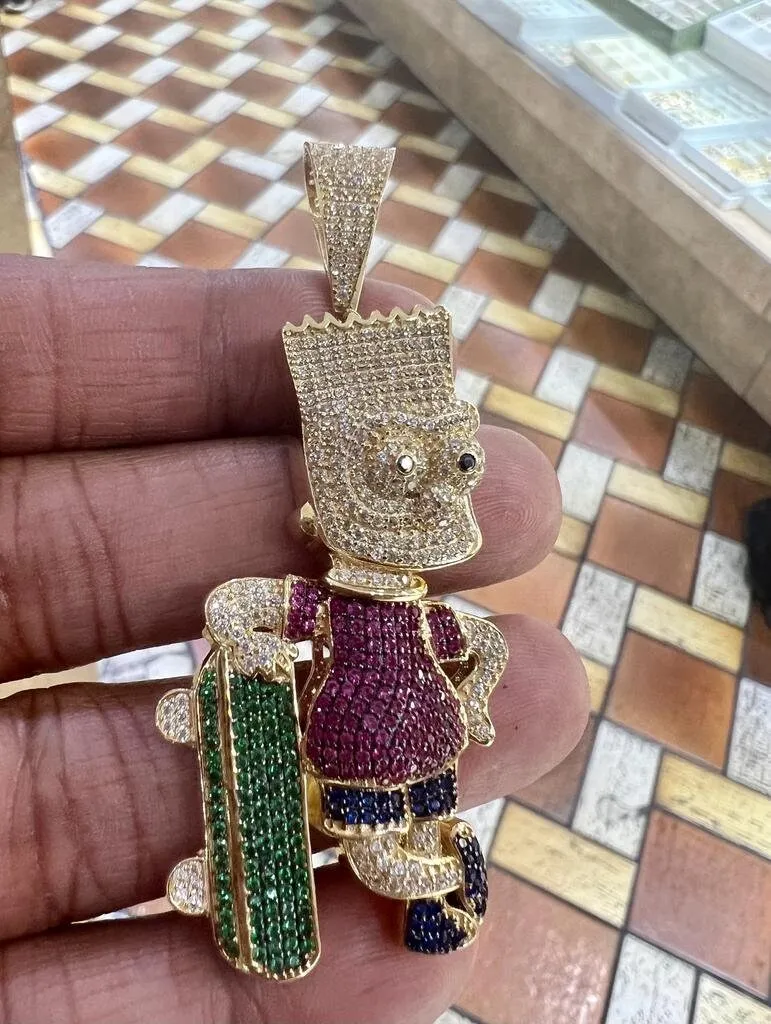 14k Yellow Gold - CZ Cartoon Anime Simpson Skate Hip Hop Pendant, Hip Hop Pendant , Halloween Pendant, Evil Face Iced Out Pendant