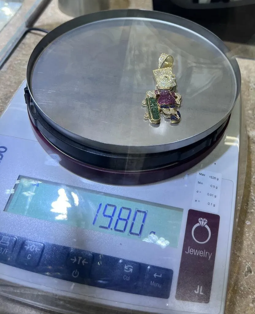 14k Yellow Gold - CZ Cartoon Anime Simpson Skate Hip Hop Pendant, Hip Hop Pendant , Halloween Pendant, Evil Face Iced Out Pendant