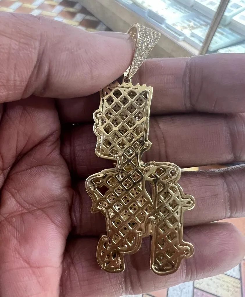 14k Yellow Gold - CZ Cartoon Anime Simpson Skate Hip Hop Pendant, Hip Hop Pendant , Halloween Pendant, Evil Face Iced Out Pendant