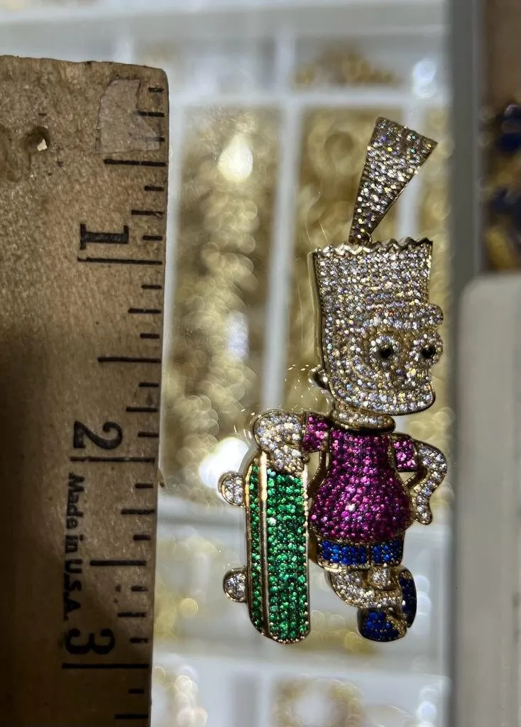 14k Yellow Gold - CZ Cartoon Anime Simpson Skate Hip Hop Pendant, Hip Hop Pendant , Halloween Pendant, Evil Face Iced Out Pendant