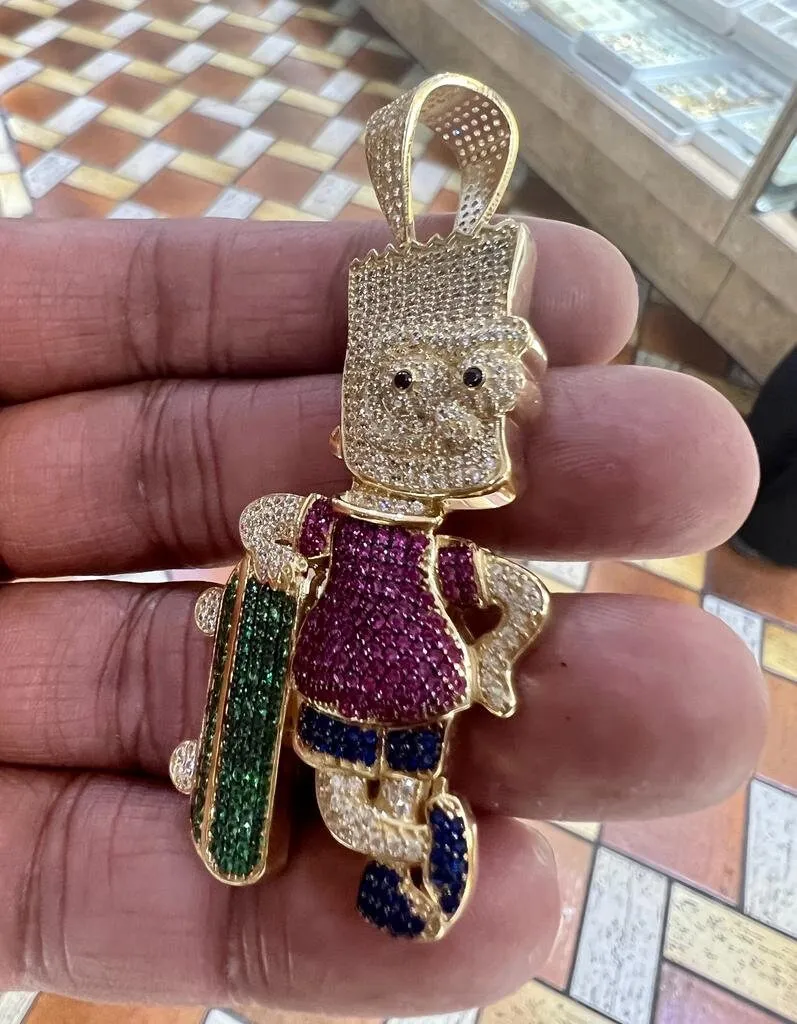 14k Yellow Gold - CZ Cartoon Anime Simpson Skate Hip Hop Pendant, Hip Hop Pendant , Halloween Pendant, Evil Face Iced Out Pendant