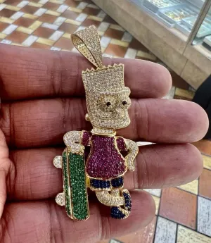 14k Yellow Gold - CZ Cartoon Anime Simpson Skate Hip Hop Pendant, Hip Hop Pendant , Halloween Pendant, Evil Face Iced Out Pendant