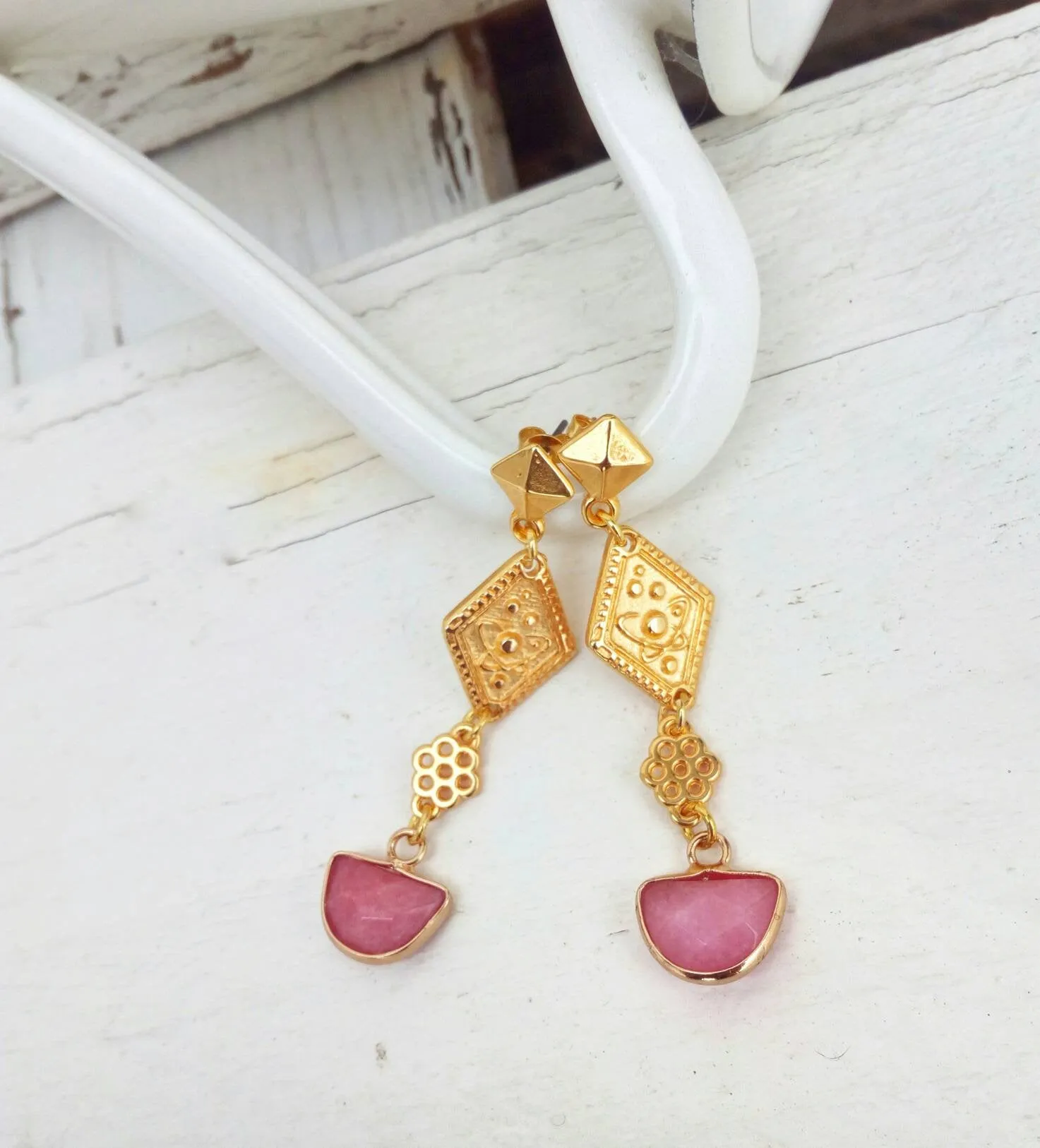 22k Gold Celestial Earrings, Long Stud Earrings With Pink Jade