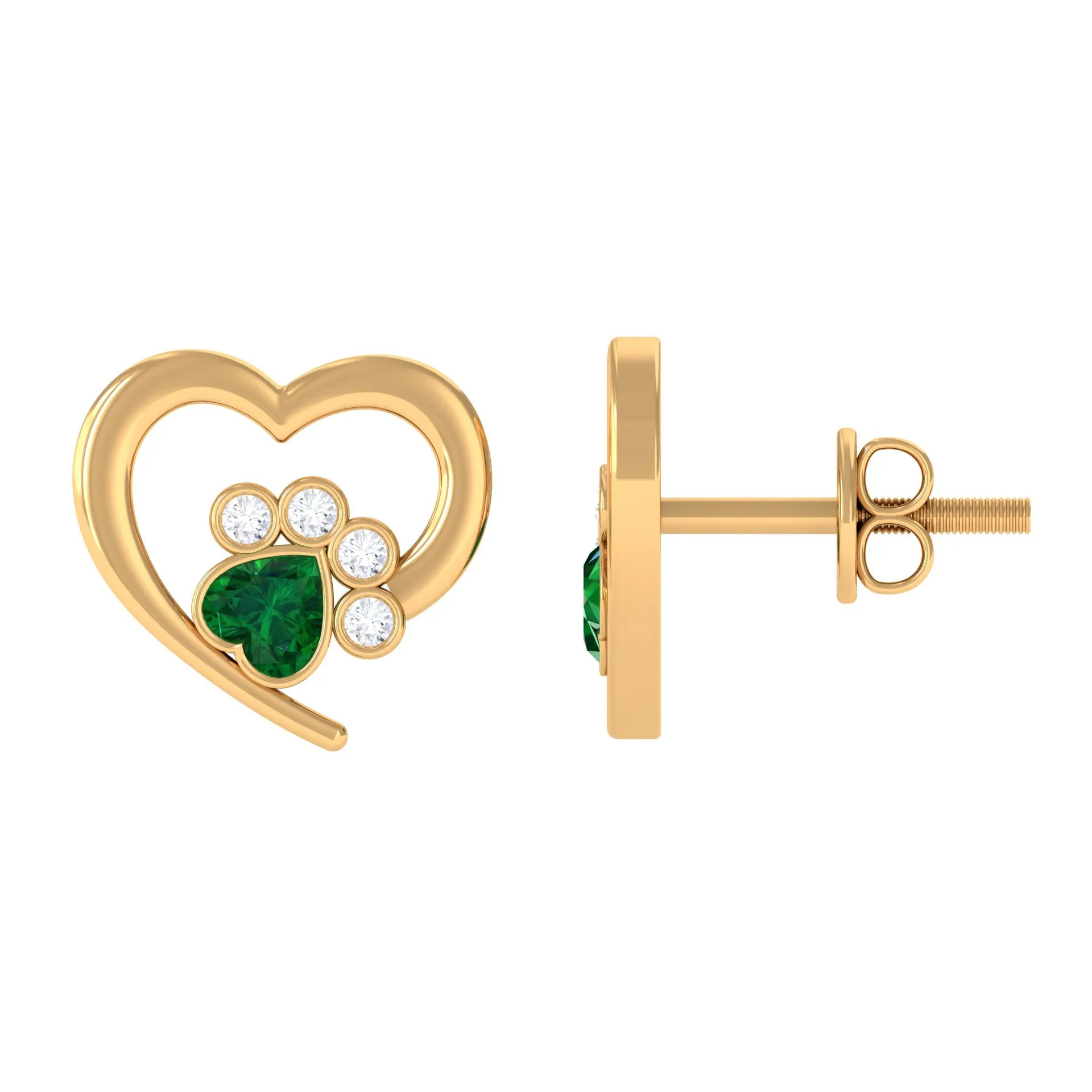 3/4 CT Heart Shape Created Emerald and Diamond Cute Paw Stud Earrings