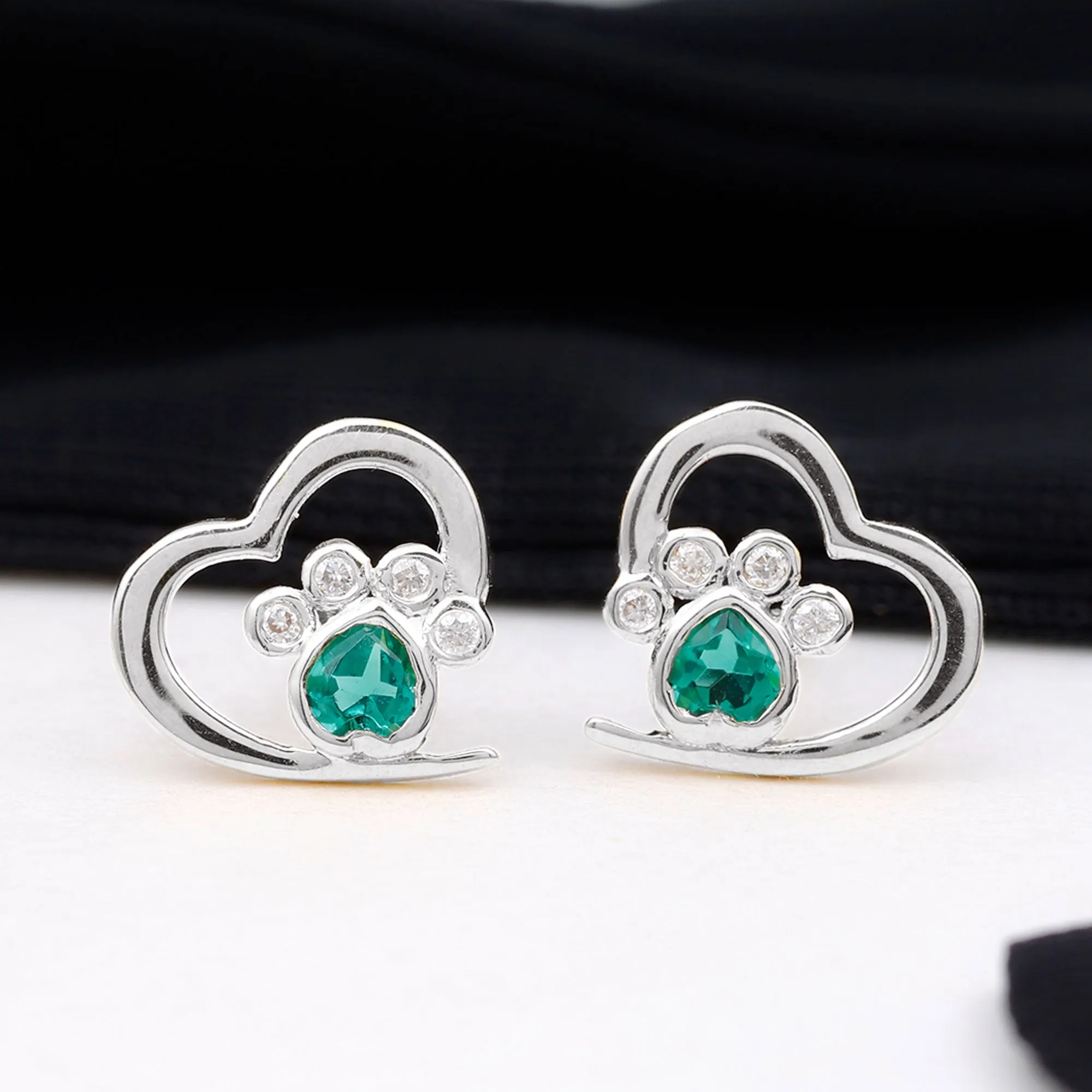 3/4 CT Heart Shape Created Emerald and Diamond Cute Paw Stud Earrings