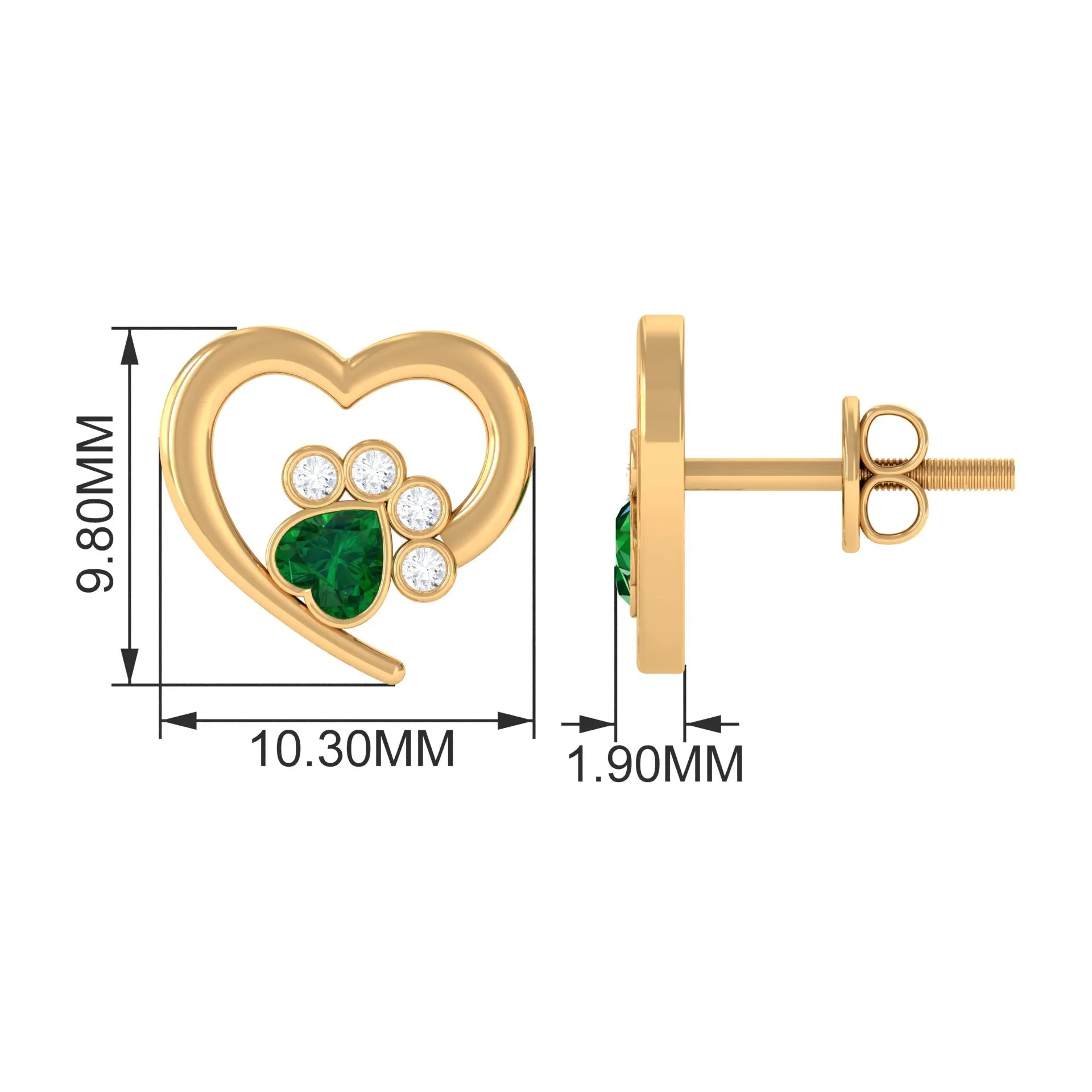 3/4 CT Heart Shape Created Emerald and Diamond Cute Paw Stud Earrings