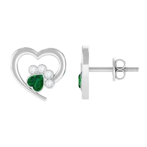 3/4 CT Heart Shape Created Emerald and Diamond Cute Paw Stud Earrings