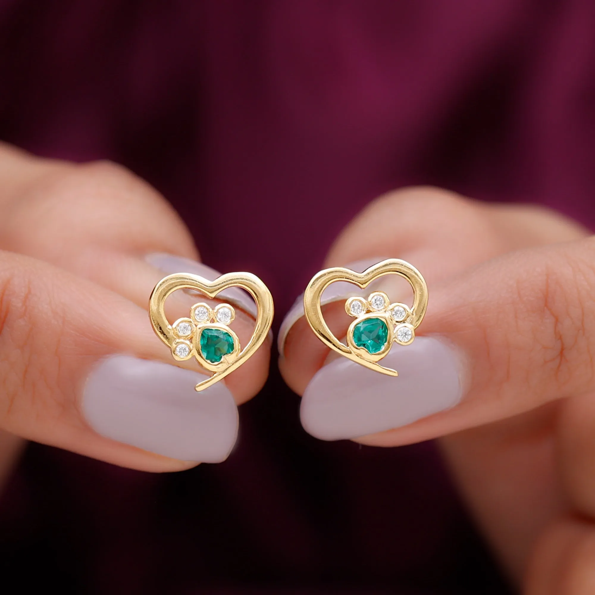 3/4 CT Heart Shape Created Emerald and Diamond Cute Paw Stud Earrings