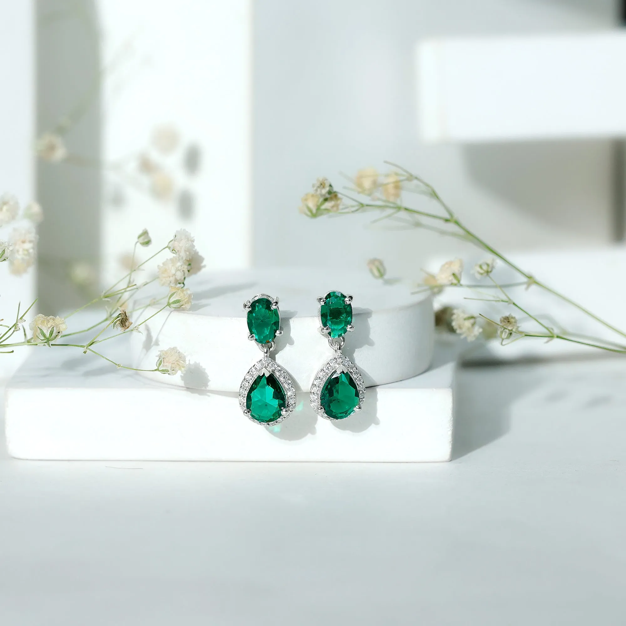 4.25 CT Created Emerald Classic Dangle Earrings with Moissanite