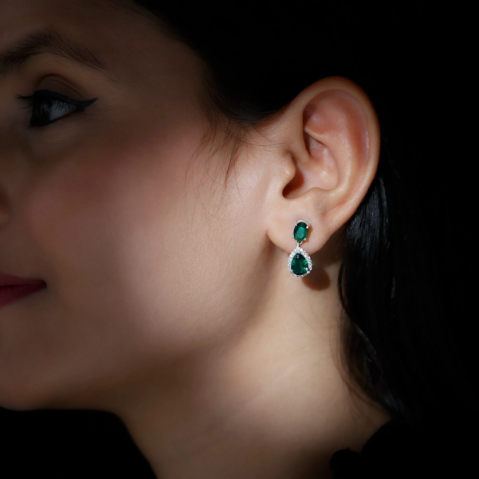 4.25 CT Created Emerald Classic Dangle Earrings with Moissanite