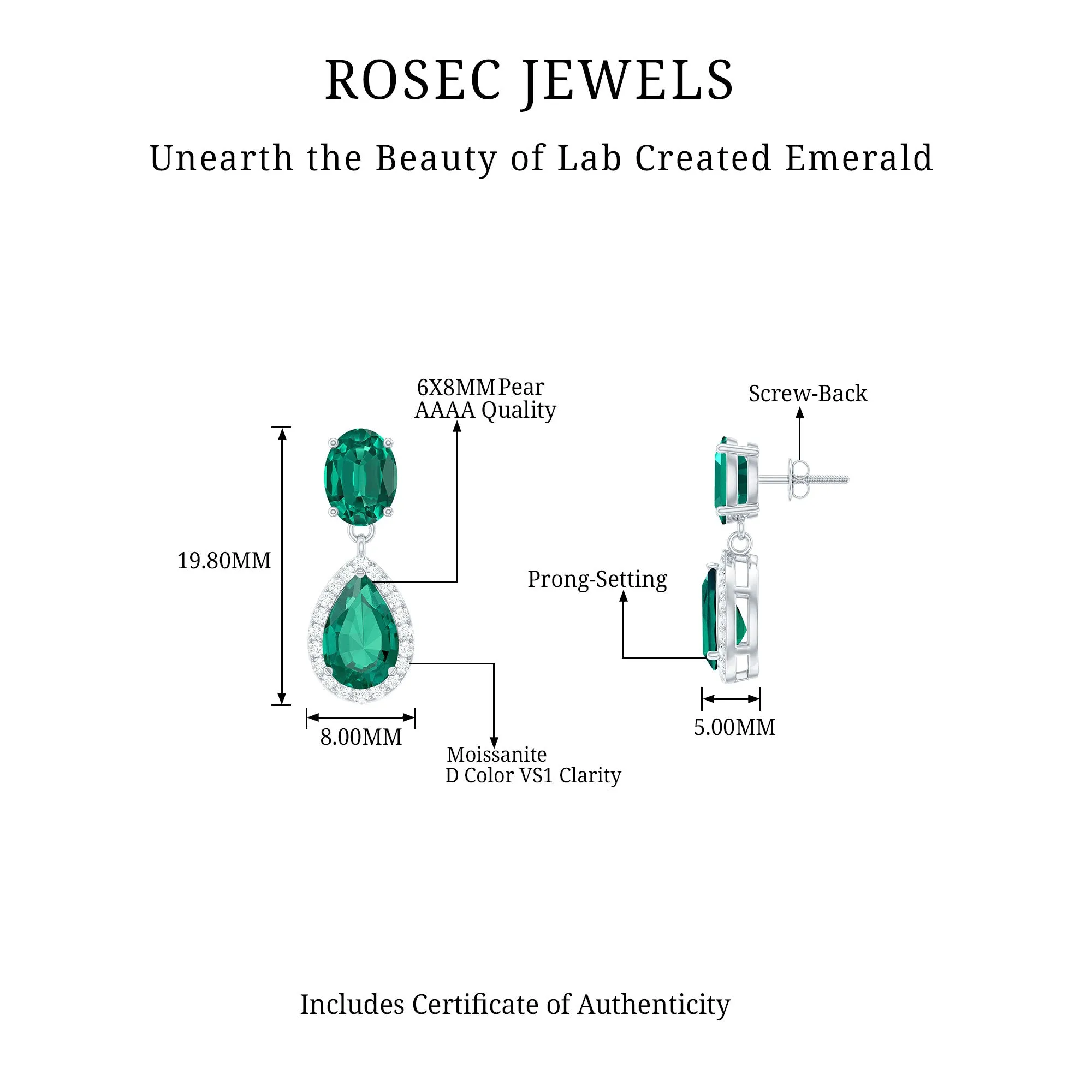4.25 CT Created Emerald Classic Dangle Earrings with Moissanite
