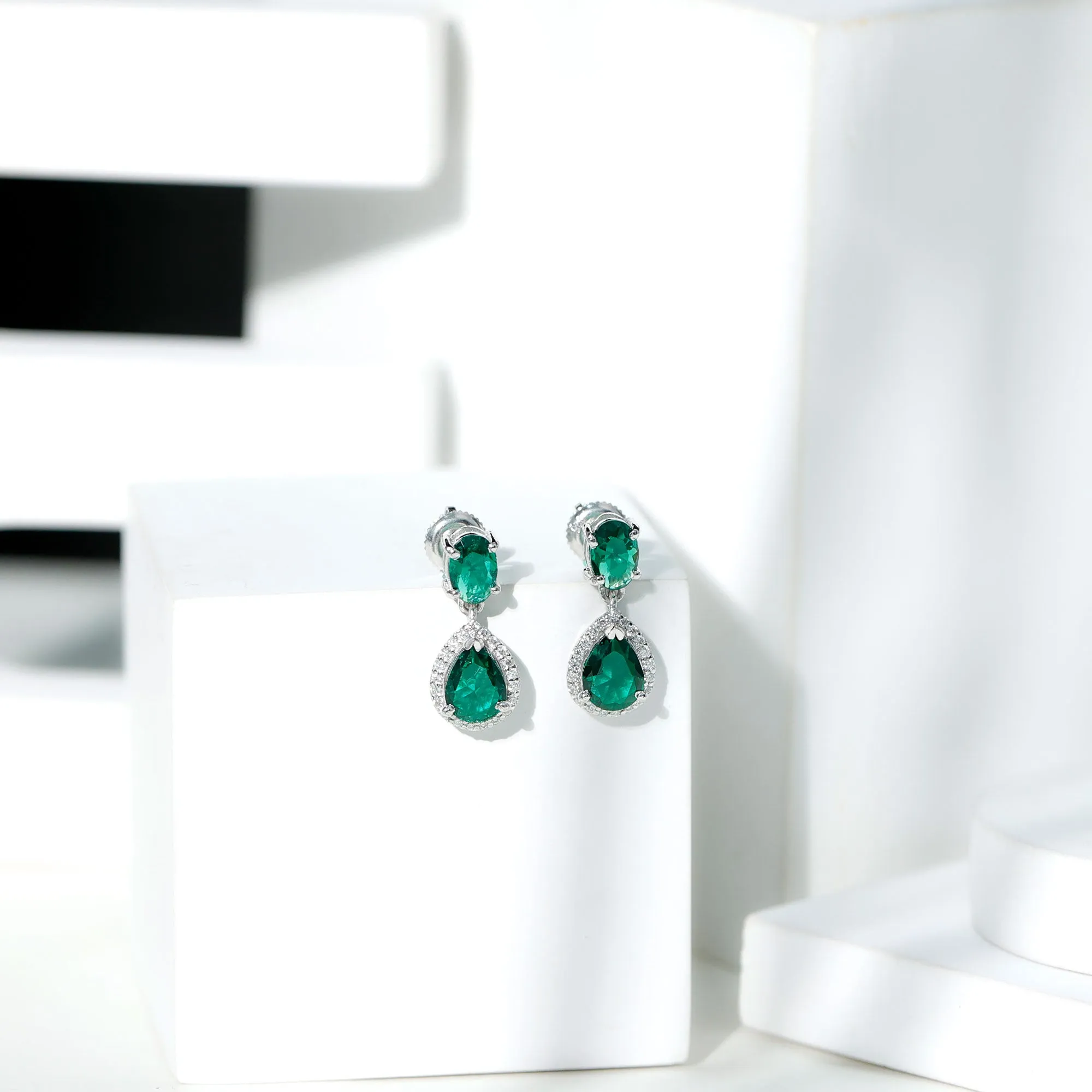 4.25 CT Created Emerald Classic Dangle Earrings with Moissanite
