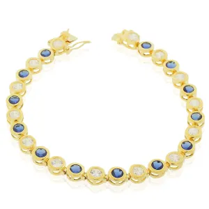 925 Sterling Silver Yellow Gold-Tone Bezel-Set Blue Sapphire-Tone Clear Round CZ Tennis Bracelet
