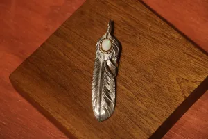 Albatory 18K Top Silver 18K Gold Cup Silver Feather Pendant L w/ Opal
