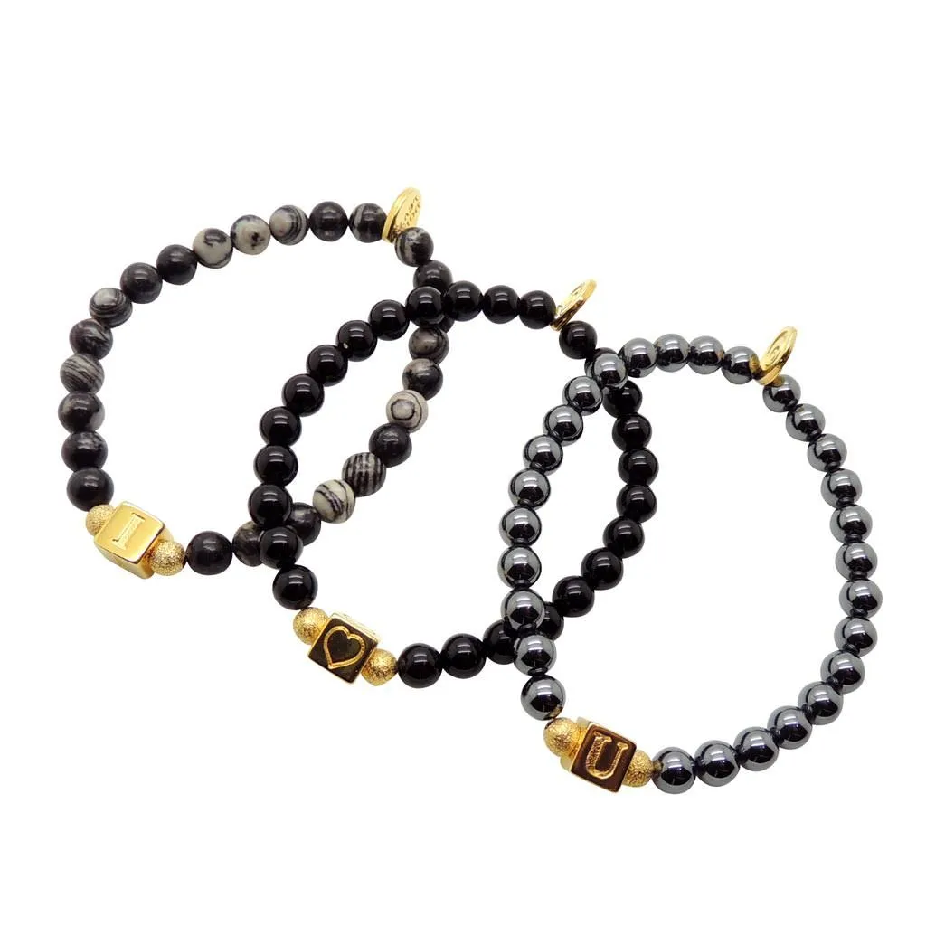 Alphabet Cube Charm Gemstone Bead Bracelet