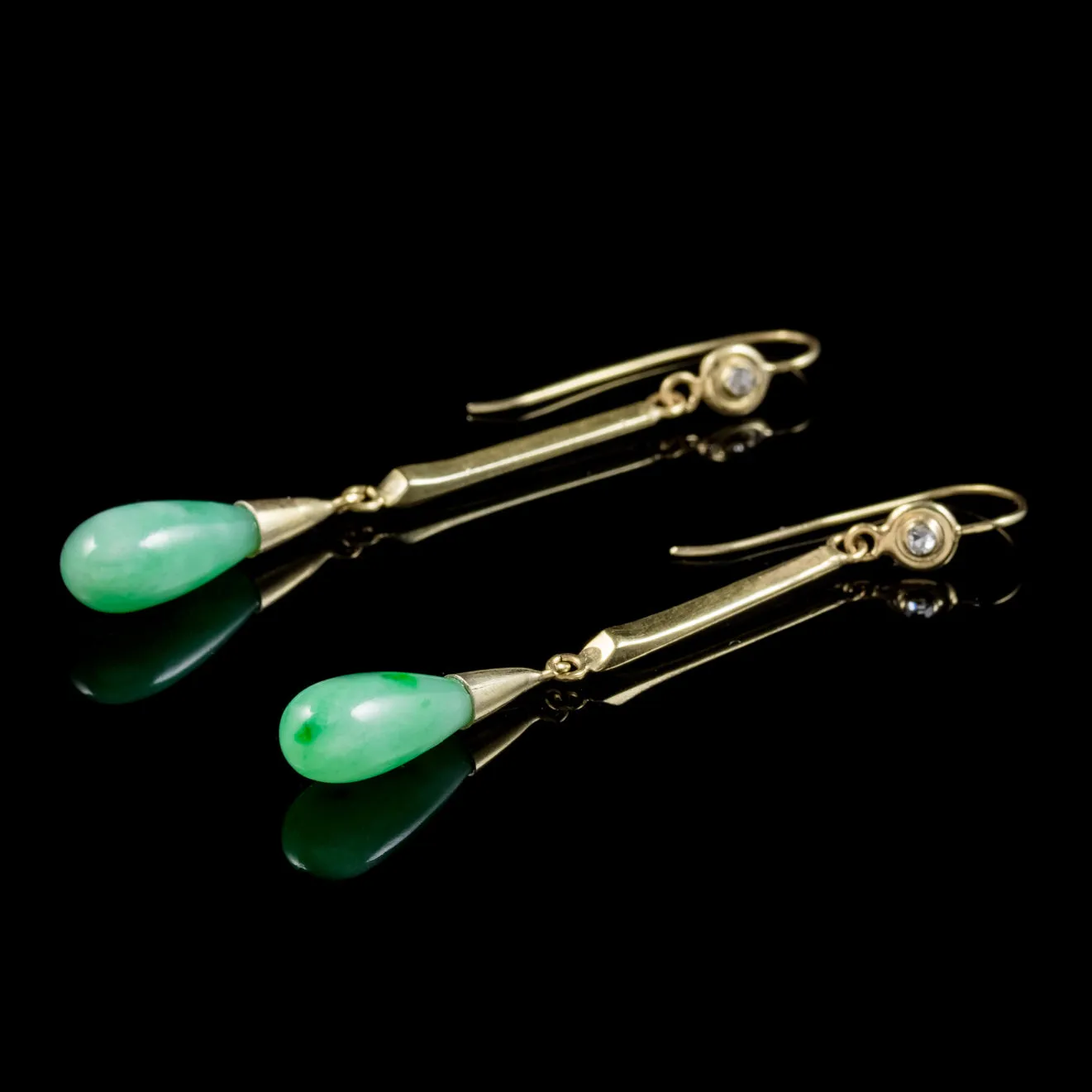 Antique Victorian Jade Diamond Drop Earrings 18Ct Gold Circa 1900