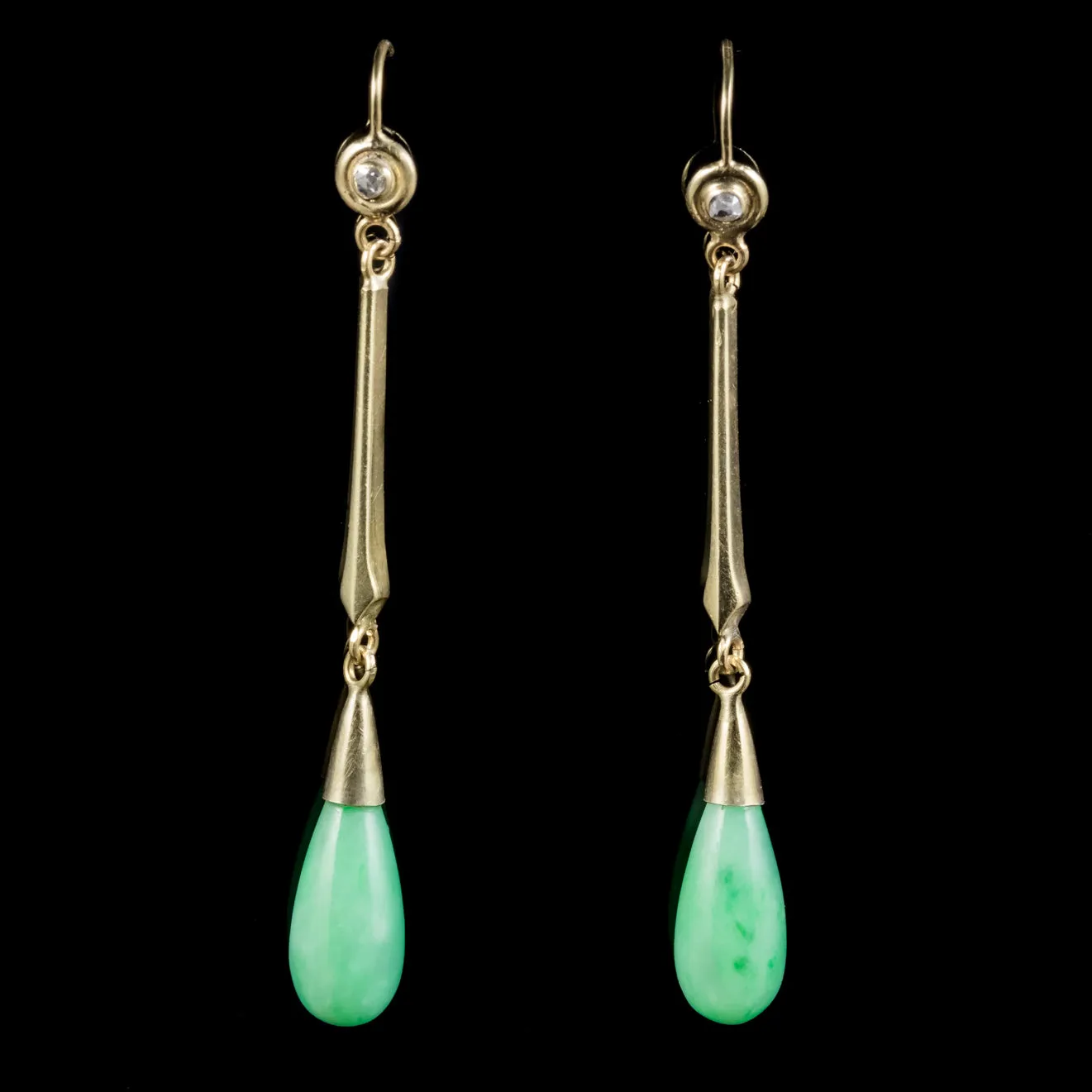 Antique Victorian Jade Diamond Drop Earrings 18Ct Gold Circa 1900