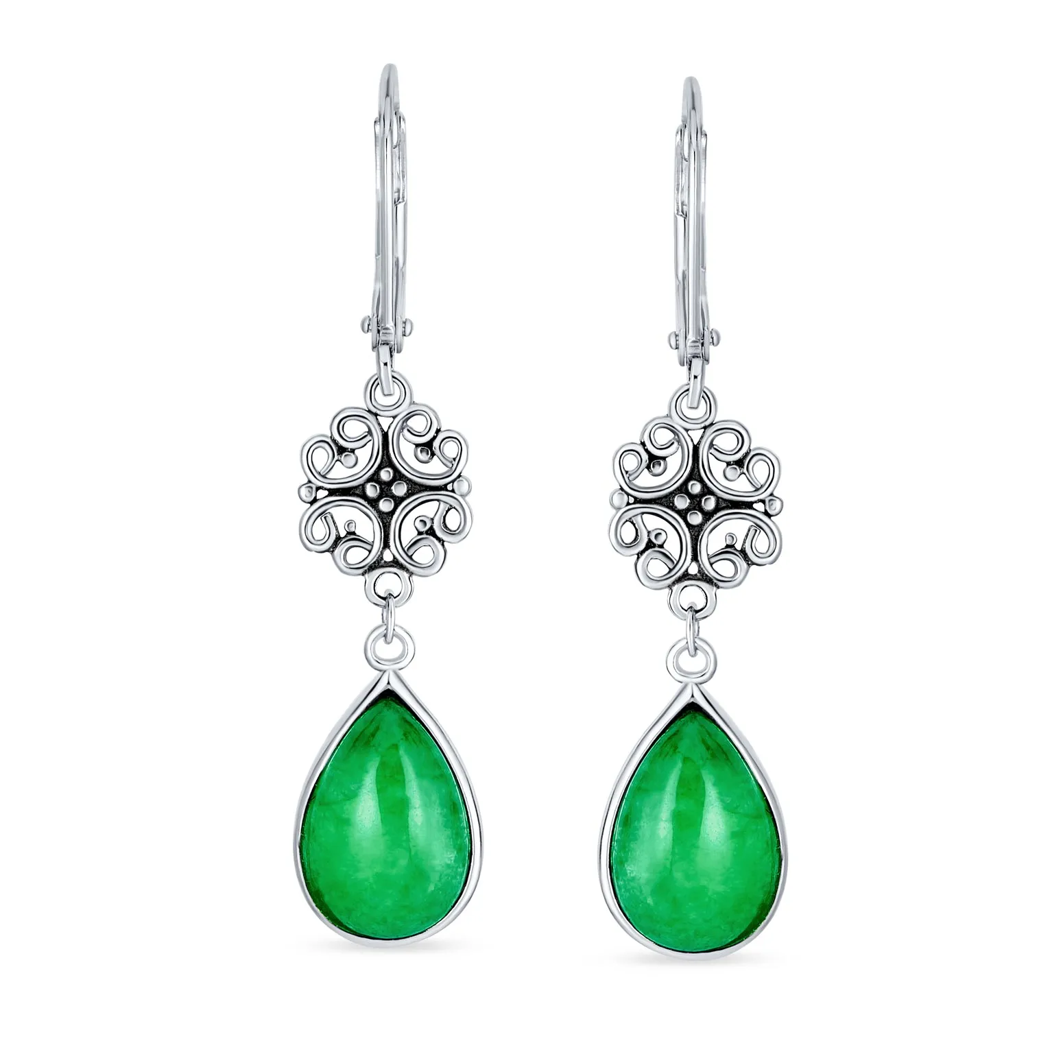 Asian Good Fortune Green Disc Jade Drop Earrings Gold Plated Silver
