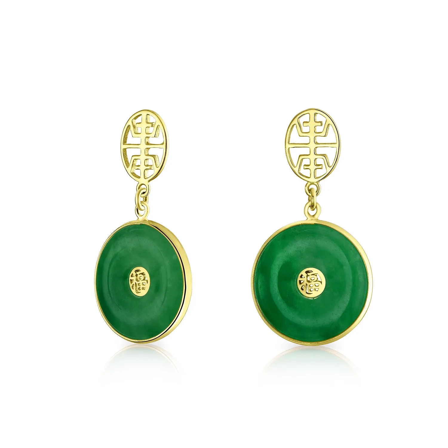 Asian Good Fortune Green Disc Jade Drop Earrings Gold Plated Silver