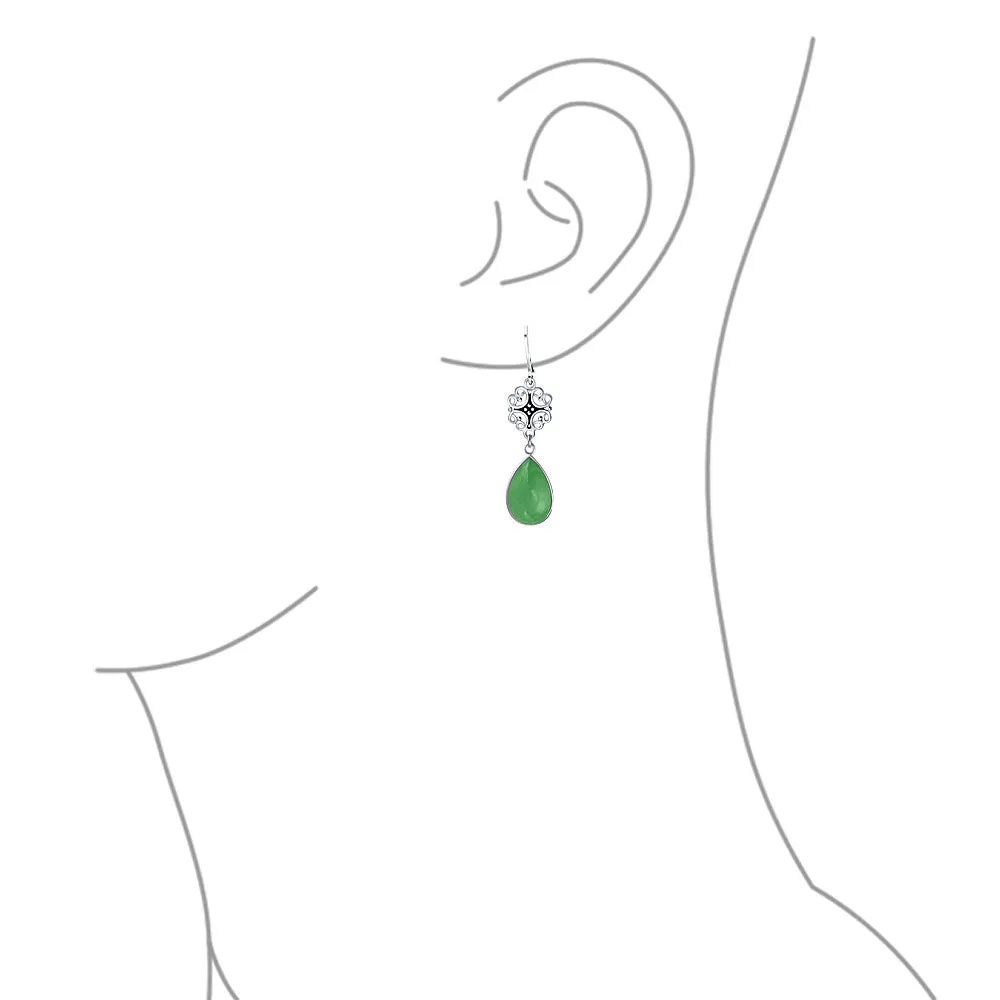 Asian Good Fortune Green Disc Jade Drop Earrings Gold Plated Silver