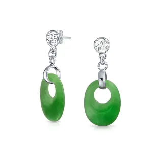 Asian Good Fortune Green Disc Jade Drop Earrings Gold Plated Silver