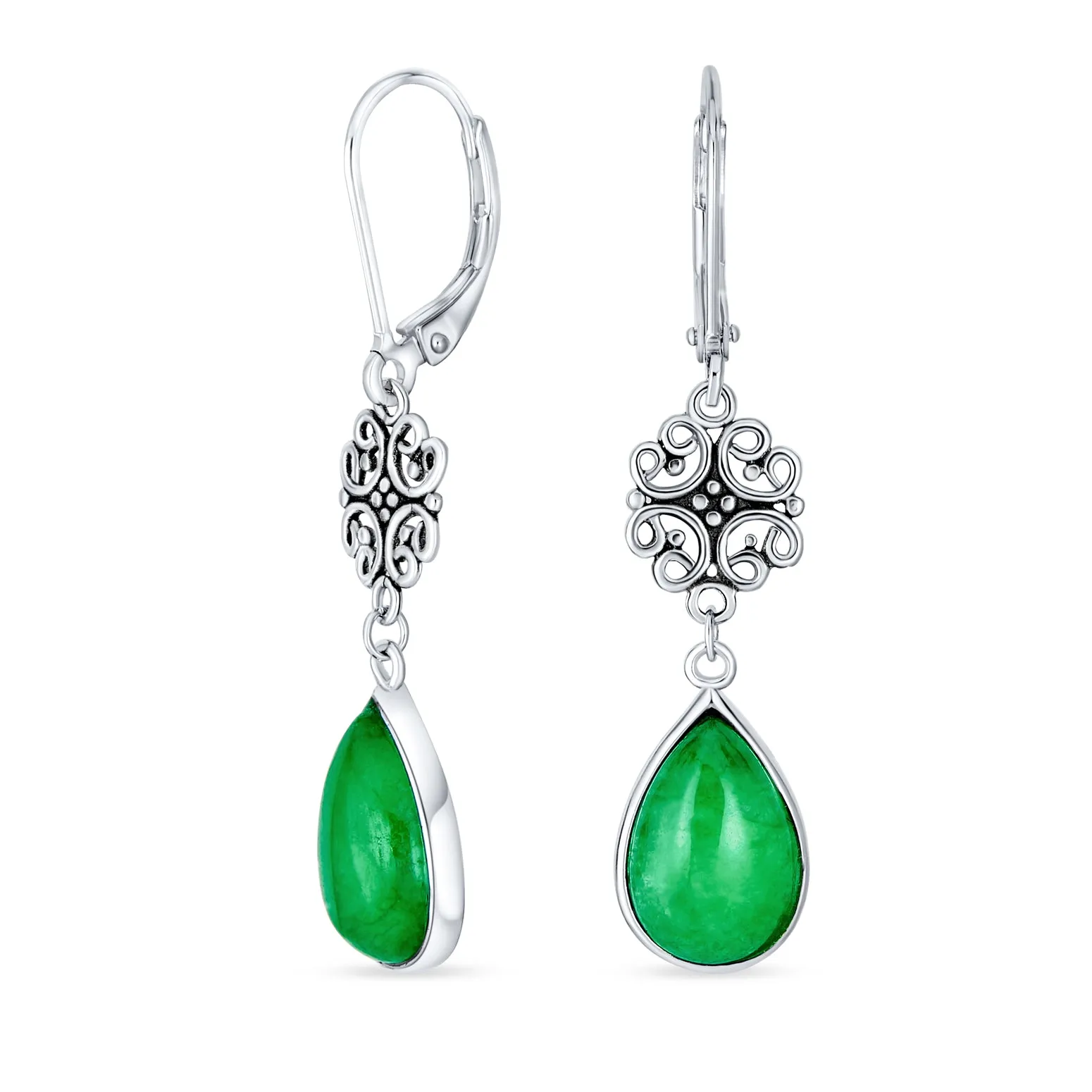 Asian Good Fortune Green Disc Jade Drop Earrings Gold Plated Silver