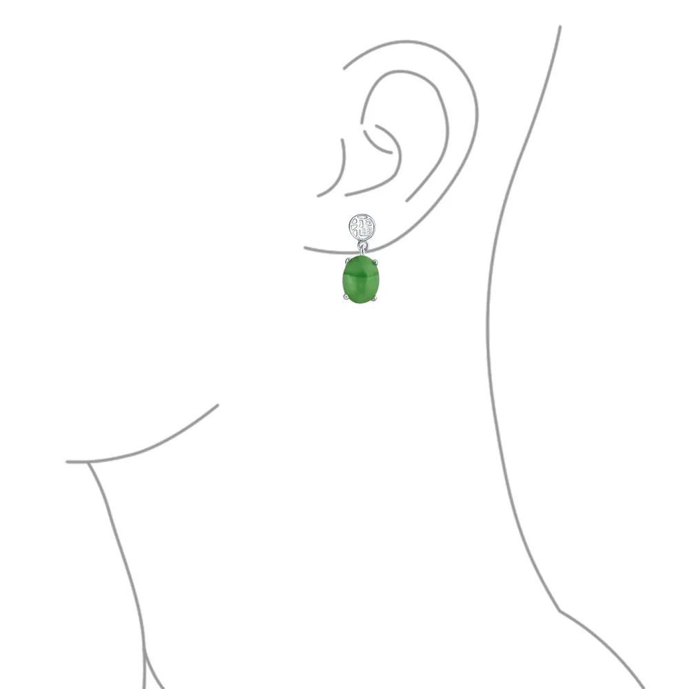 Asian Good Fortune Green Disc Jade Drop Earrings Gold Plated Silver