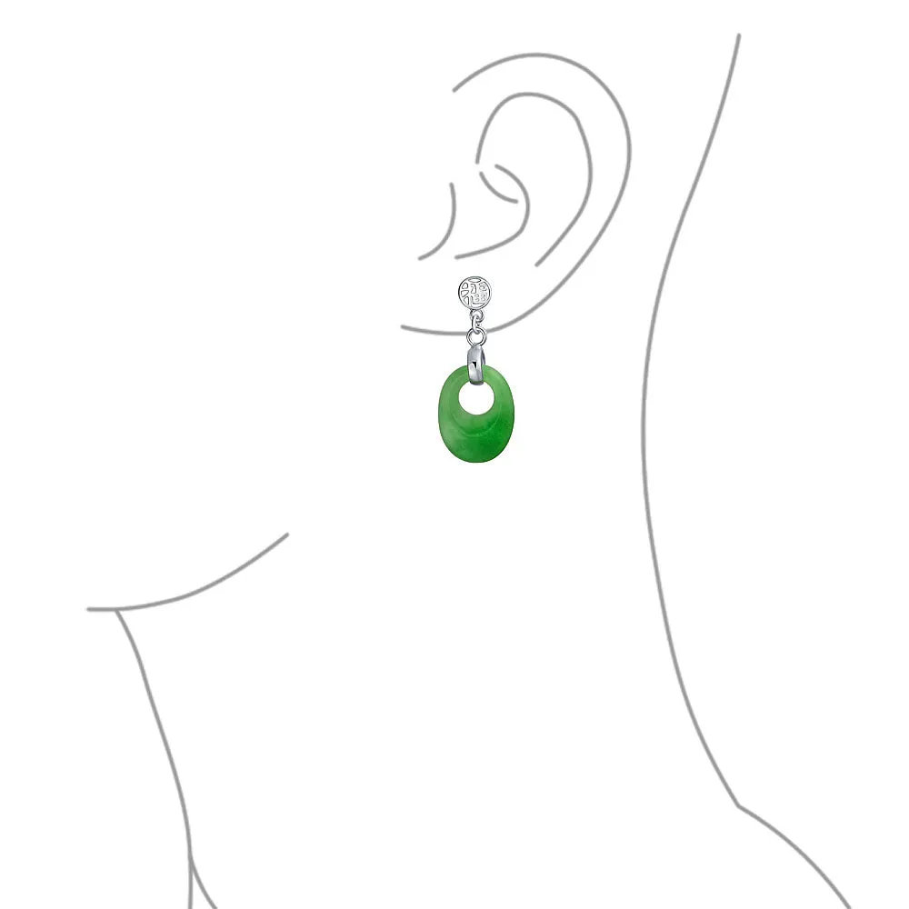 Asian Good Fortune Green Disc Jade Drop Earrings Gold Plated Silver