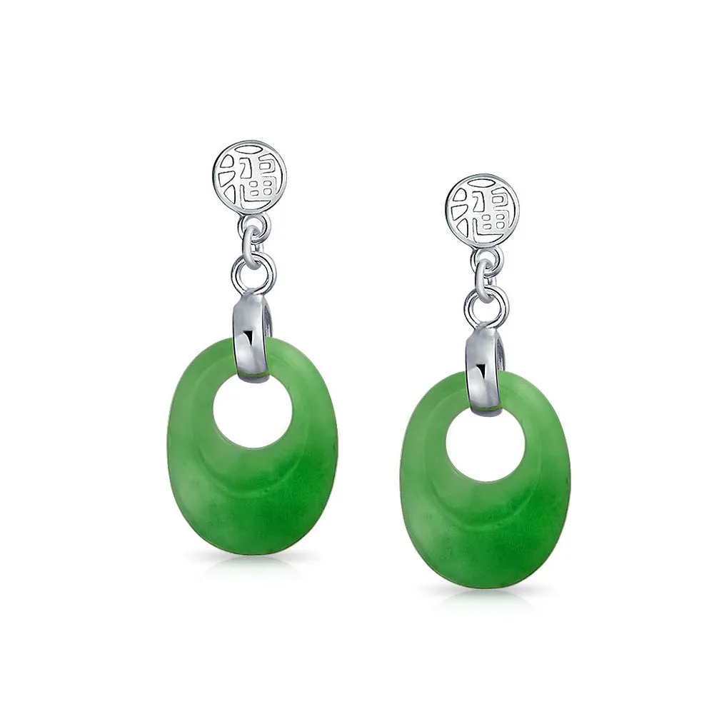 Asian Good Fortune Green Disc Jade Drop Earrings Gold Plated Silver