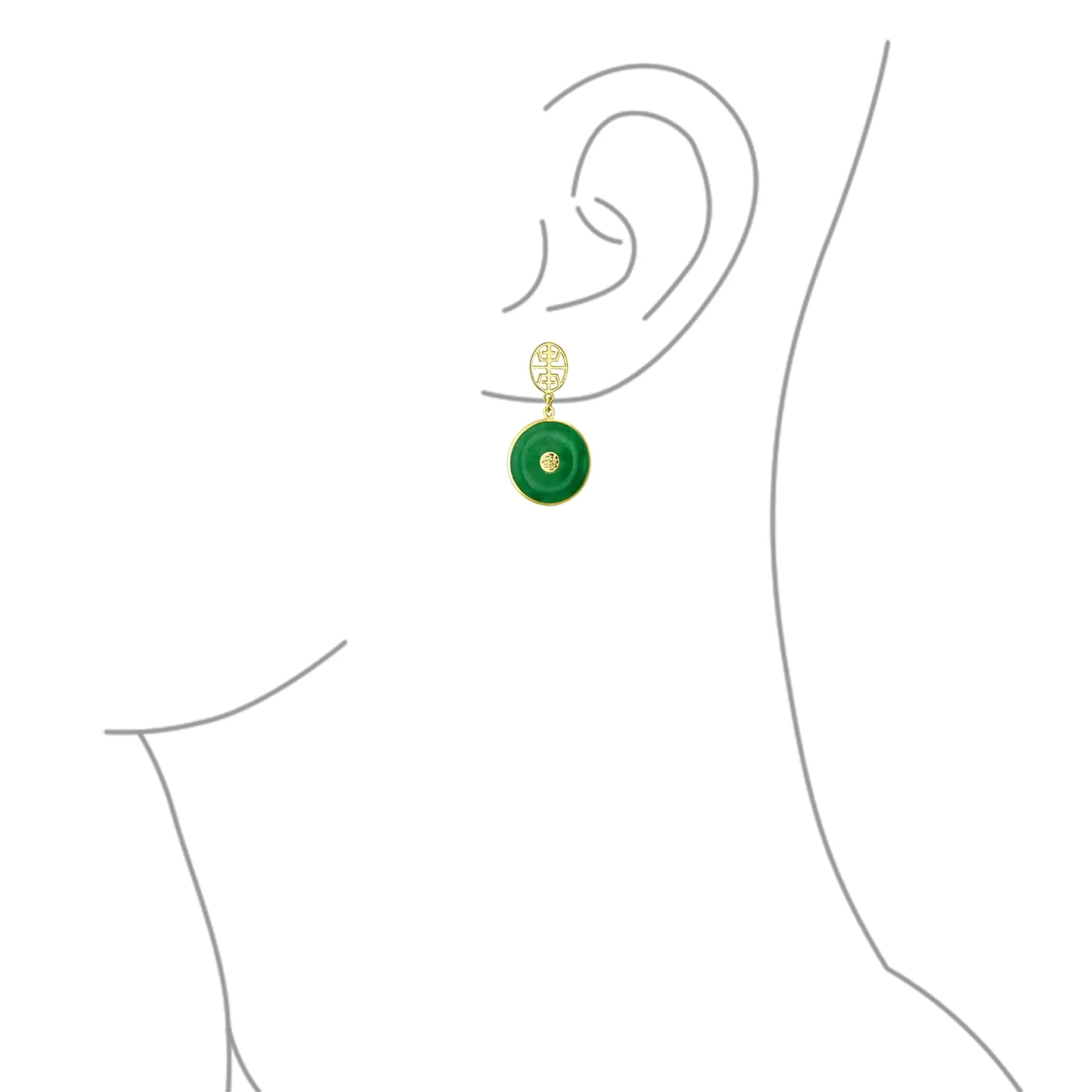 Asian Good Fortune Green Disc Jade Drop Earrings Gold Plated Silver