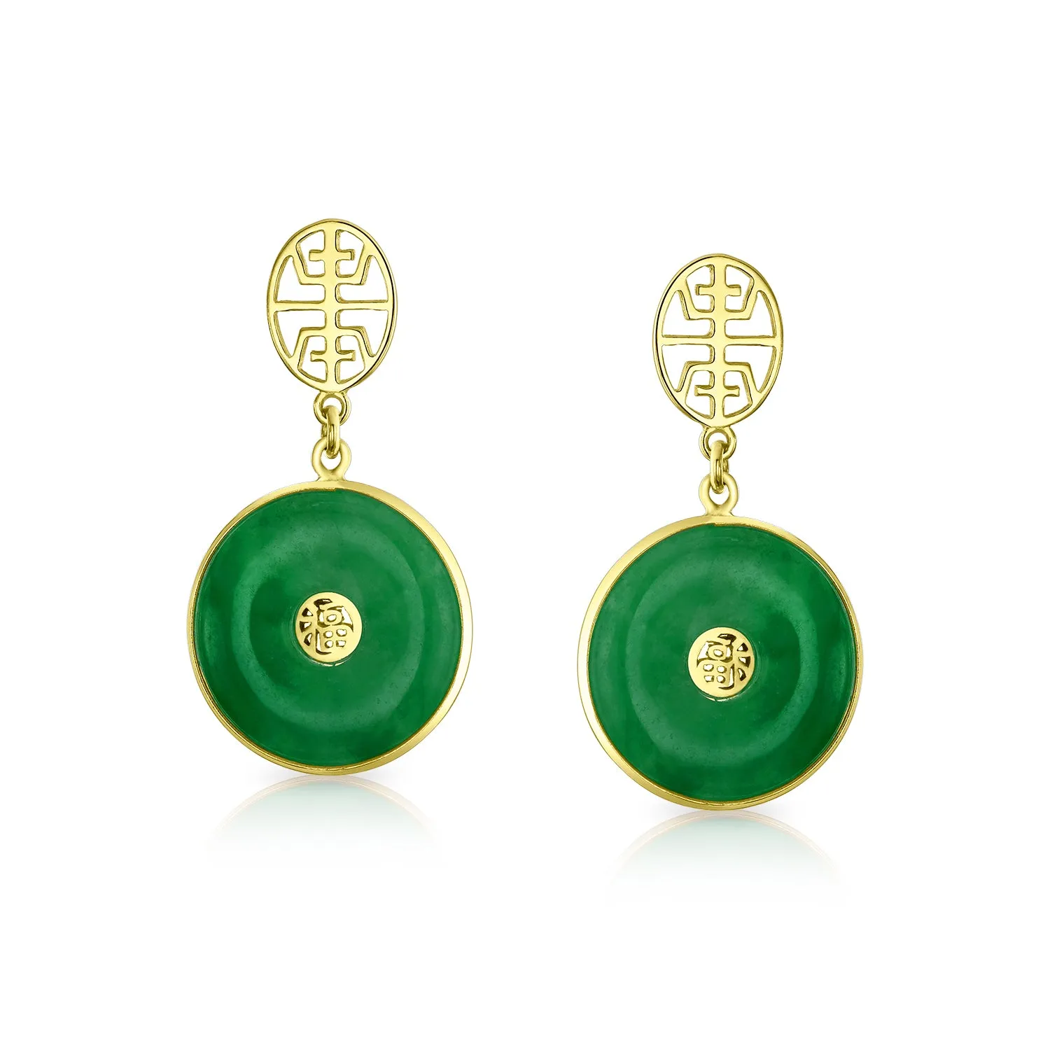 Asian Good Fortune Green Disc Jade Drop Earrings Gold Plated Silver