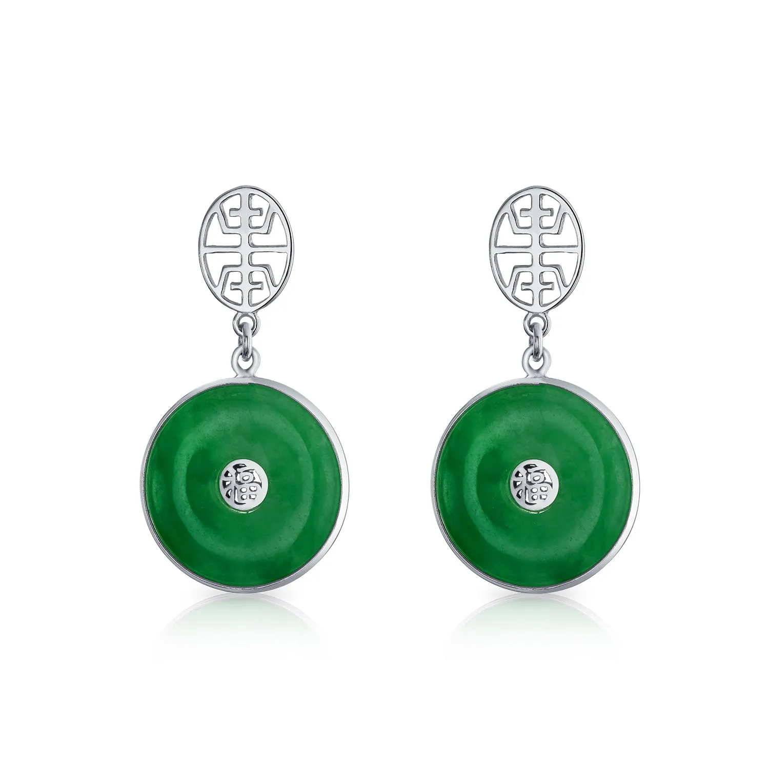 Asian Good Fortune Green Disc Jade Drop Earrings Gold Plated Silver