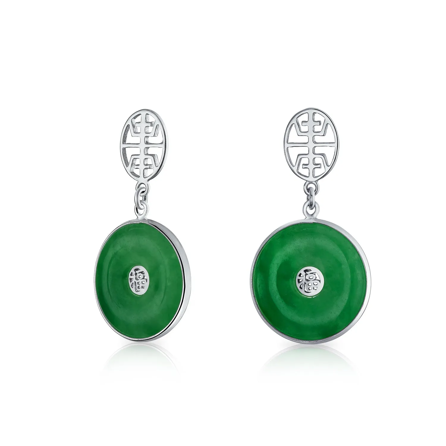 Asian Good Fortune Green Disc Jade Drop Earrings Gold Plated Silver