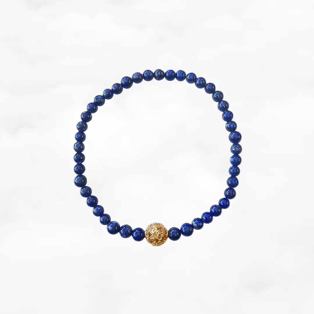 Auspicious Beaded Lapis Bracelet 4mm Gold