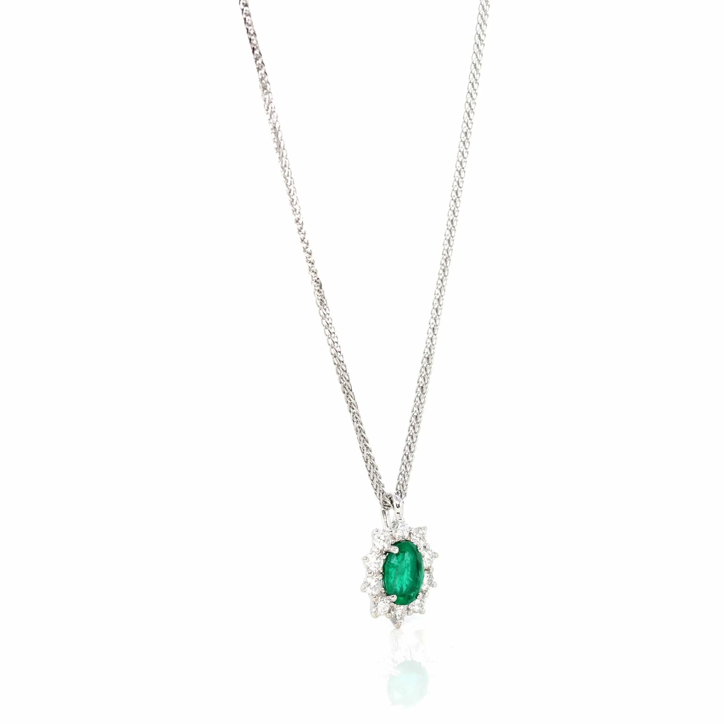 Baikalla™ 18k White Gold AAA Emerald Round 4 Prong Set Necklace With Diamond