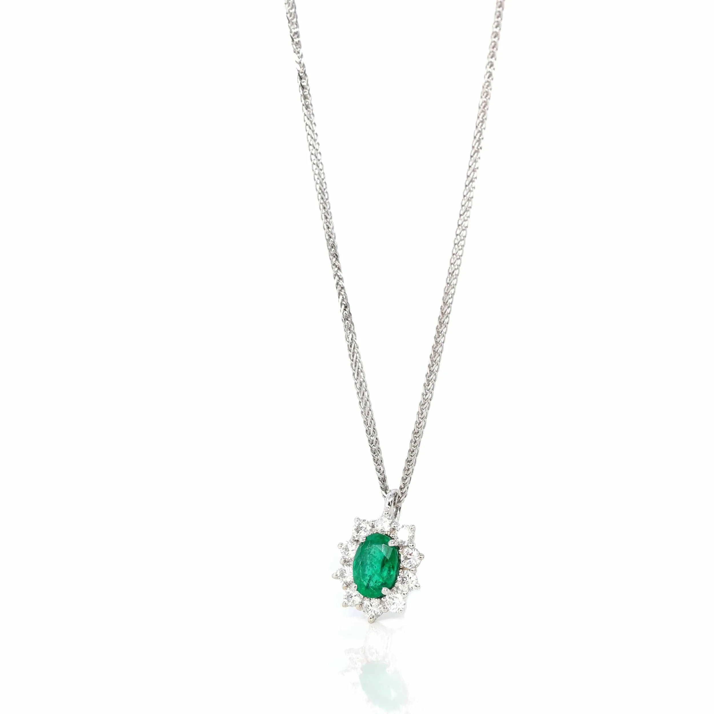 Baikalla™ 18k White Gold AAA Emerald Round 4 Prong Set Necklace With Diamond
