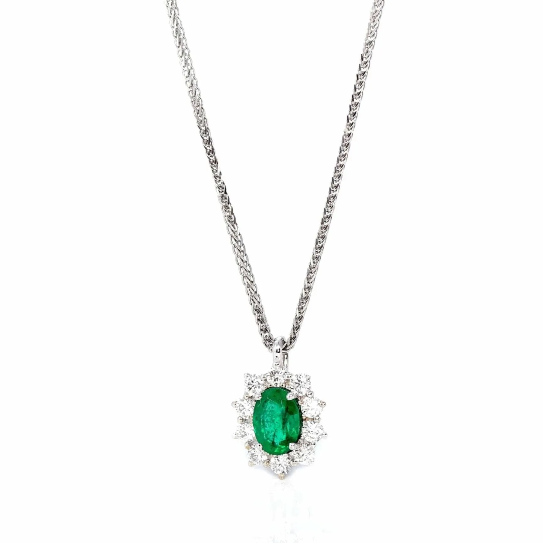 Baikalla™ 18k White Gold AAA Emerald Round 4 Prong Set Necklace With Diamond