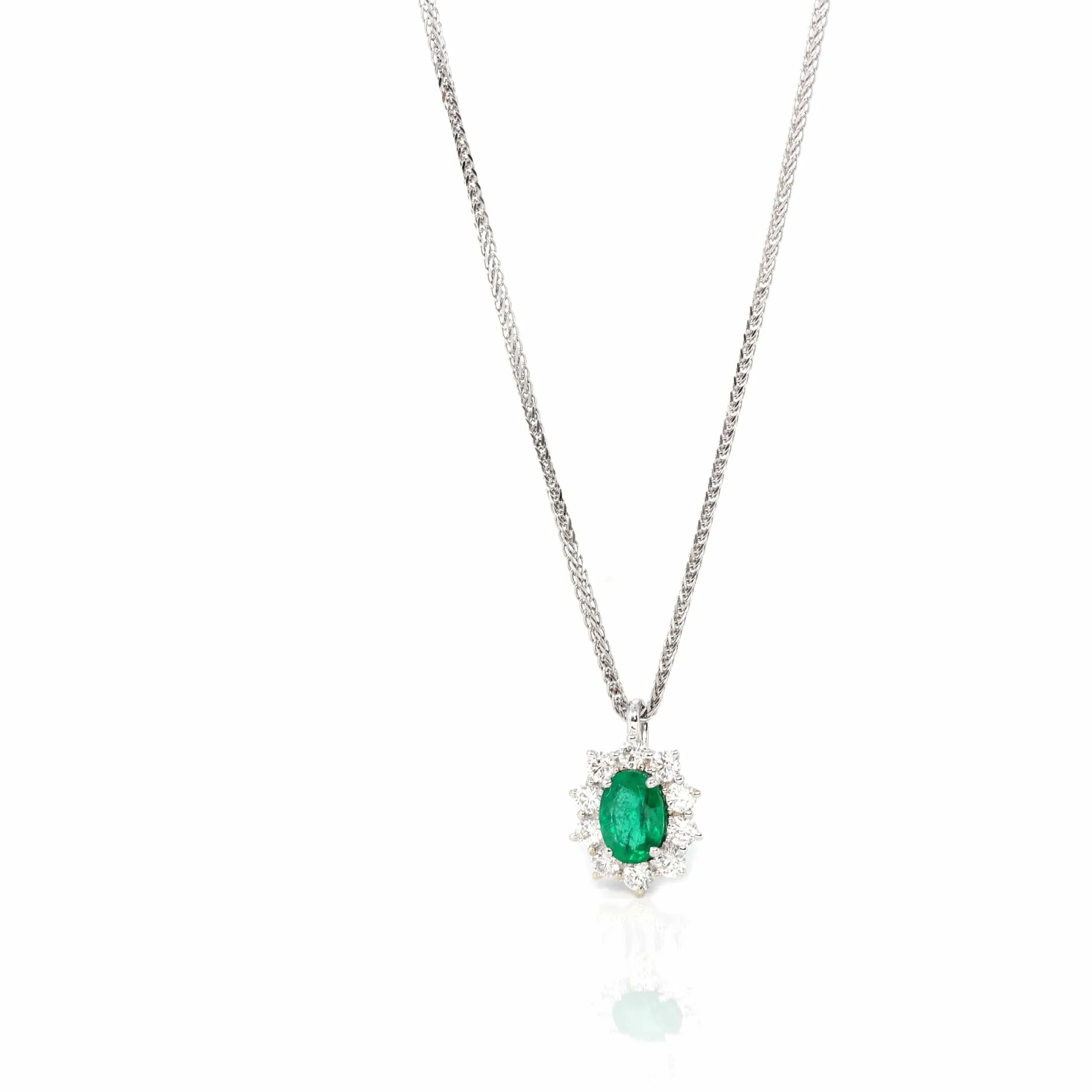 Baikalla™ 18k White Gold AAA Emerald Round 4 Prong Set Necklace With Diamond