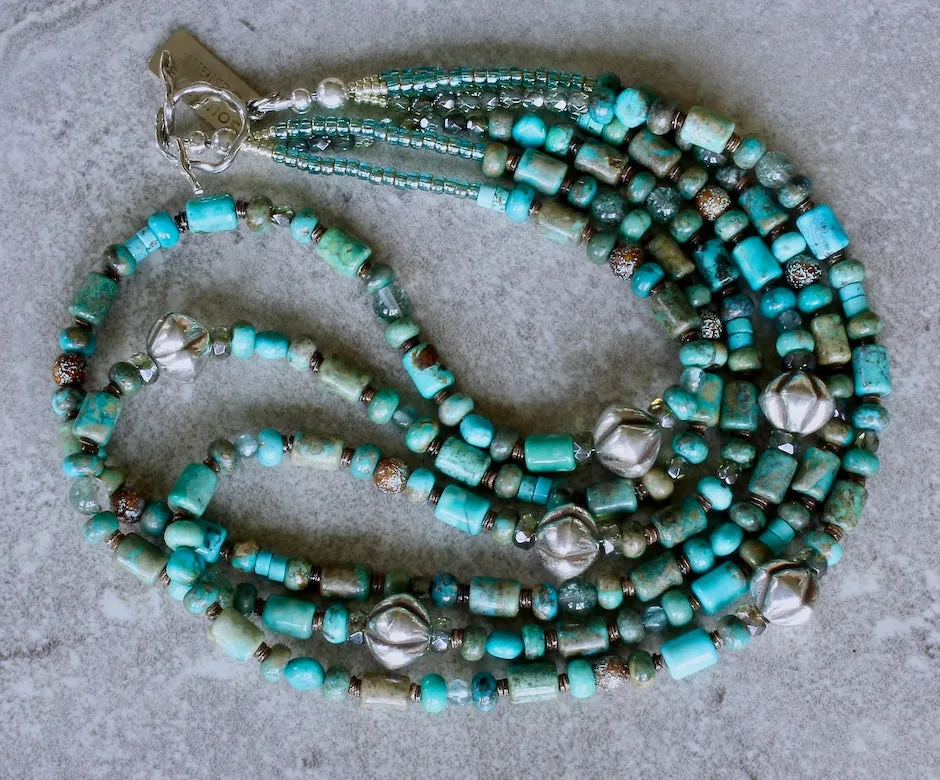 Blended Turquoise 3-Strand Necklace with Rutilated Quartz, Czech Glass, Hill Tribe Silver Ridged Bicones, and a Sterling Silver Toggle Clasp