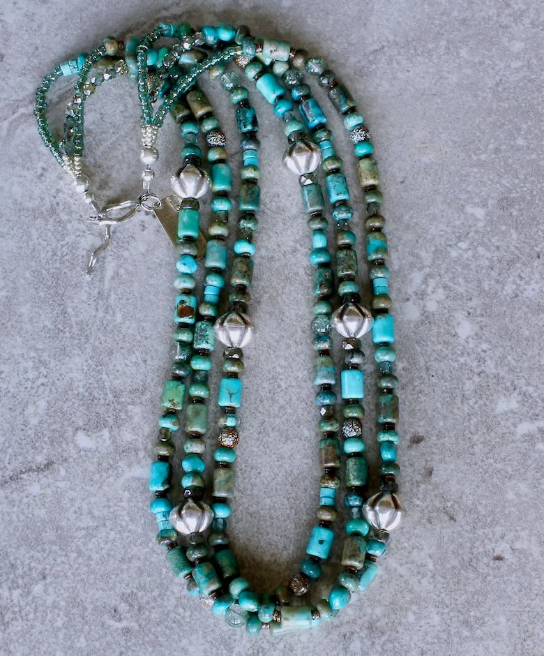 Blended Turquoise 3-Strand Necklace with Rutilated Quartz, Czech Glass, Hill Tribe Silver Ridged Bicones, and a Sterling Silver Toggle Clasp